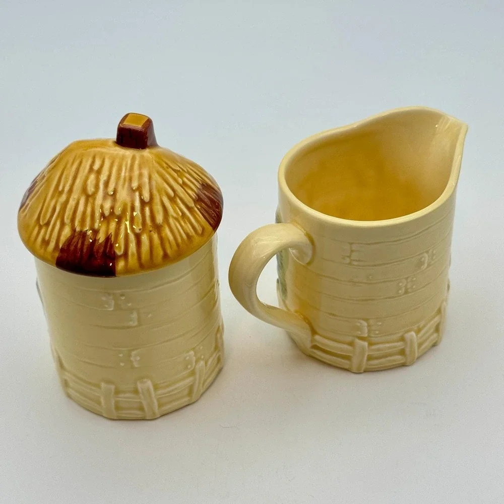 Country Scenery Sugar Creamer Set Marutake Earthenware Japan Vintage Cottagecore